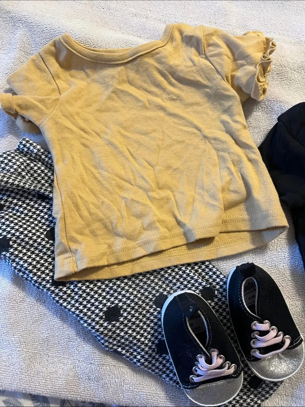 Carter's Black Onesie with Gold Lettering & Tan/Gold Baby Shoes